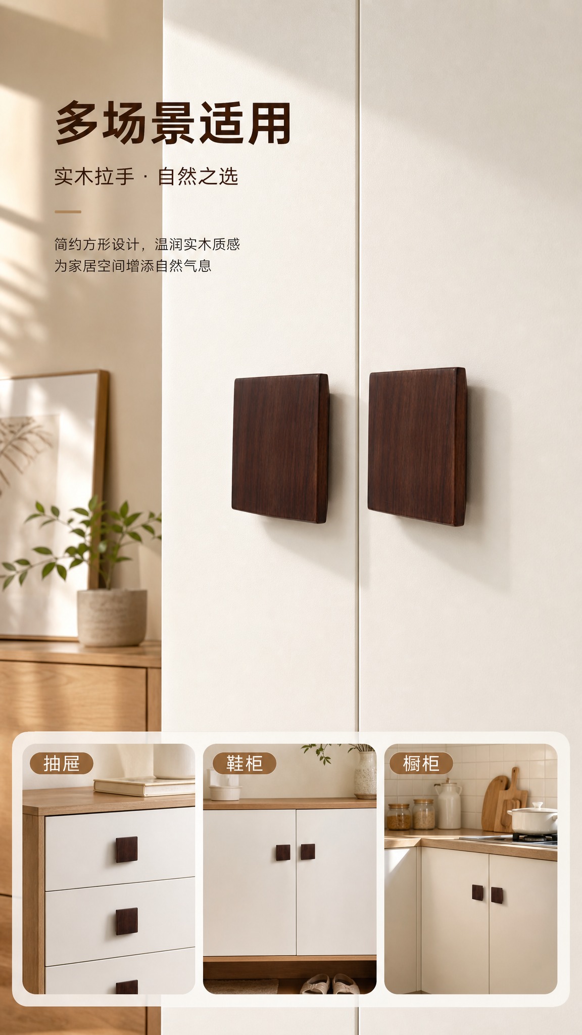 电商详情页场景展示：深胡桃木色方形实木拉手安装在白色衣柜门上，… - 图片创意预览