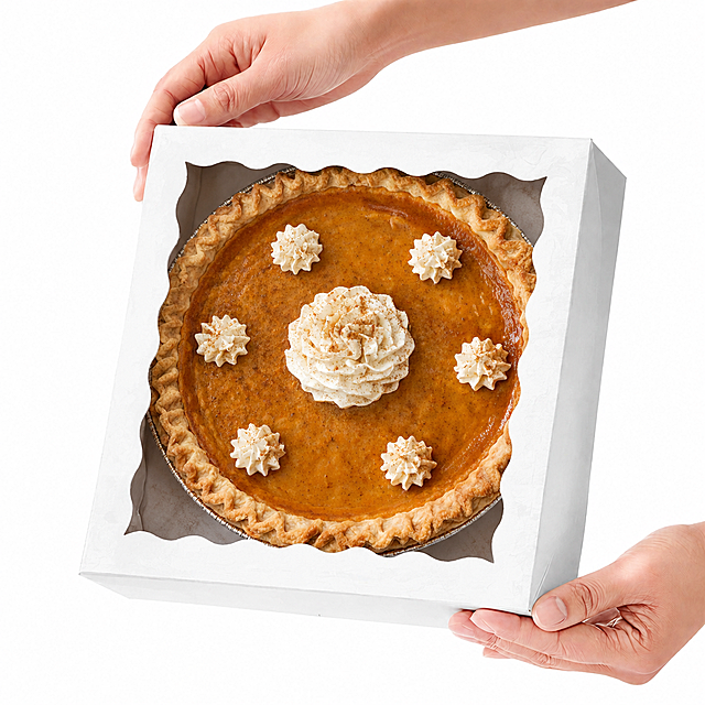 将盒子内的粉色拉菲草替换为一个完整的南瓜派(Pumpkin Pie)，派表面有少量奶油点缀，保留两只手托举盒子的姿态，保留白色盒子表面的高级纹理质感，盒子边缘和波浪形开窗轮廓保持不变，整体画质超级清晰锐利，细节丰富，产品摄影风格，纯白背景，光线均匀柔和