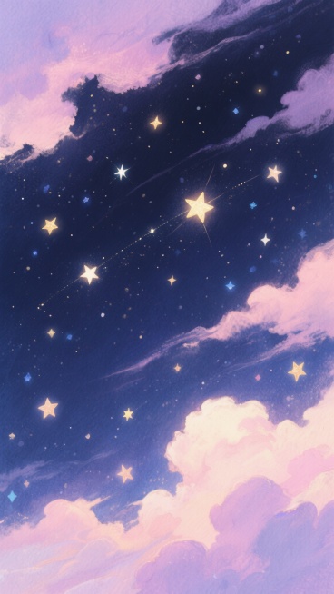 一片深邃神秘的夜空，无数闪烁的星光点缀其间，呈现出梦幻般的水彩画风格。星星的光芒带着柔和的光晕，色彩以温暖的粉紫色调为主，穿插着淡淡的蓝色和金色，营造出浪漫而宁静的氛围。夜空中漂浮着几缕轻盈的云彩，被星光映照出柔和的轮廓，整体画面充满了诗意的梦幻感，给人一种置身于童话般星空下的奇妙体验。预览效果
