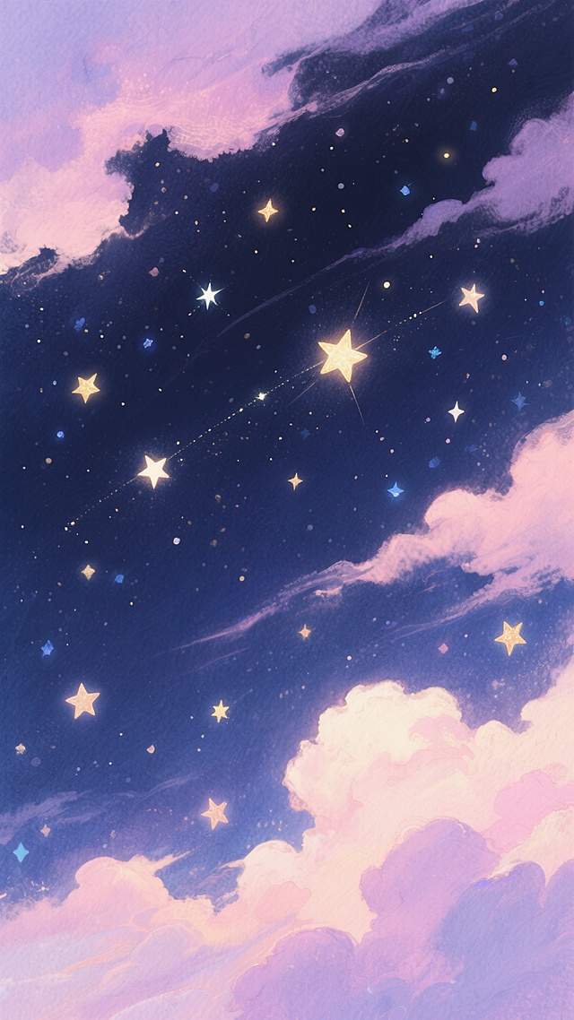 一片深邃神秘的夜空，无数闪烁的星光点缀其间，呈现出梦幻般的水彩画风格。星星的光芒带着柔和的光晕，色彩以温暖的粉紫色调为主，穿插着淡淡的蓝色和金色，营造出浪漫而宁静的氛围。夜空中漂浮着几缕轻盈的云彩，被星光映照出柔和的轮廓，整体画面充满了诗意的梦幻感，给人一种置身于童话般星空下的奇妙体验。