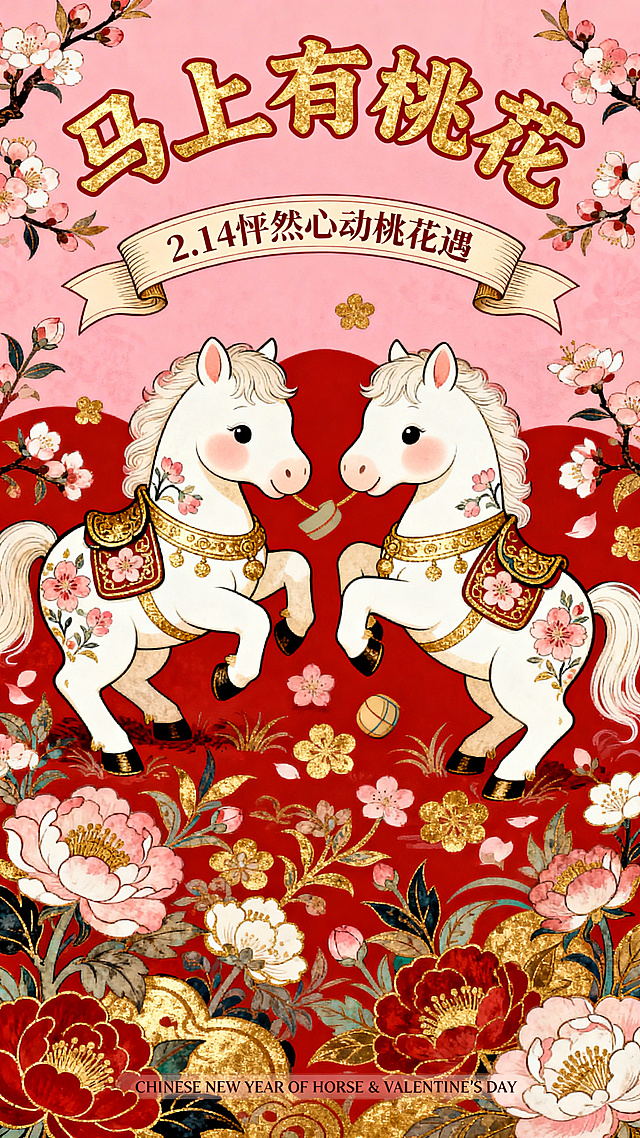 国潮风插画，拟人化白马情侣共衔灯笼，鎏金刺绣纹样点缀，桃花纷飞间尽显喜庆可爱，融合春节与情人节双节氛围。