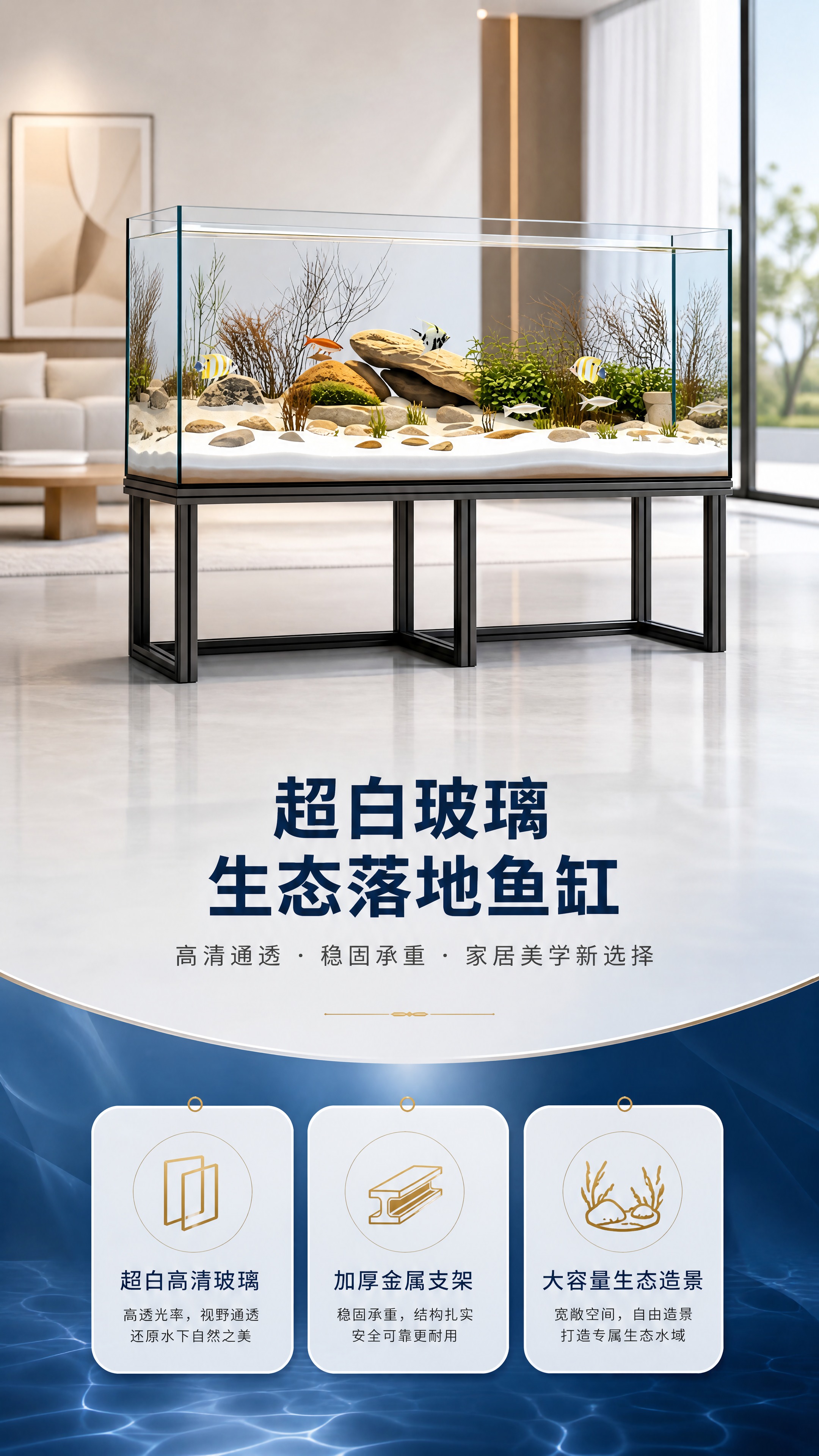 [商品] 使用【图1】超白玻璃长方形落地鱼缸，配黑色金属支架；… - 图片创意预览