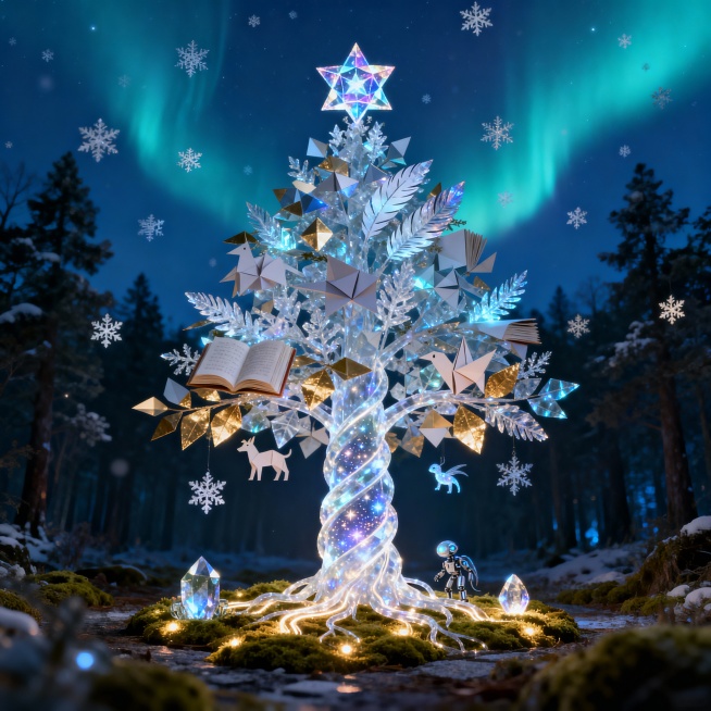 生成一棵悬浮于幽静森林空地中的圣诞树：树干为螺旋状发光的半透明水晶，内部流淌星尘微光；树冠由无数变幻的发光几何晶片组成，可化为冰晶、羽毛、书页或折纸动物，树顶镶嵌脉动的多面体恒星。背景是摇曳极光的深预览效果