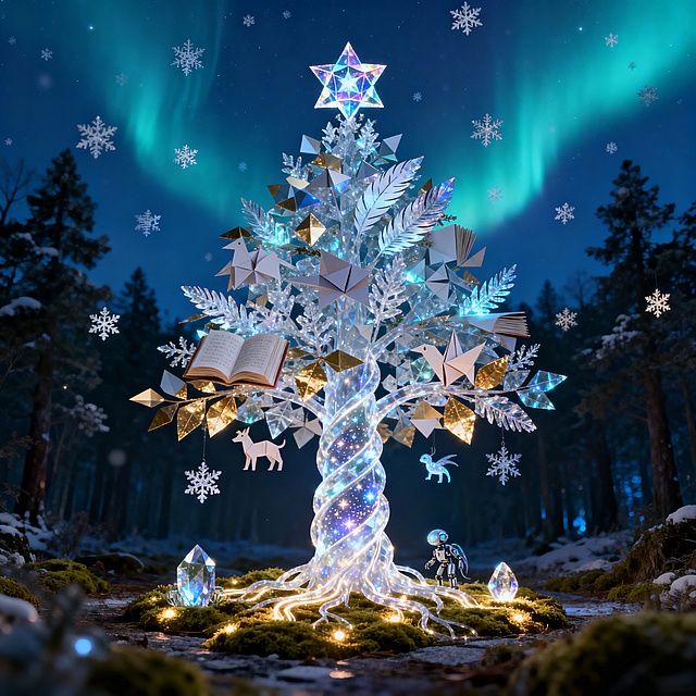 梦幻未来圣诞树，融合3D几何与玻璃风设计，霓虹光影交织，虚拟自然中的极光与粒子飘雪，营造神秘浪漫的节日氛围。