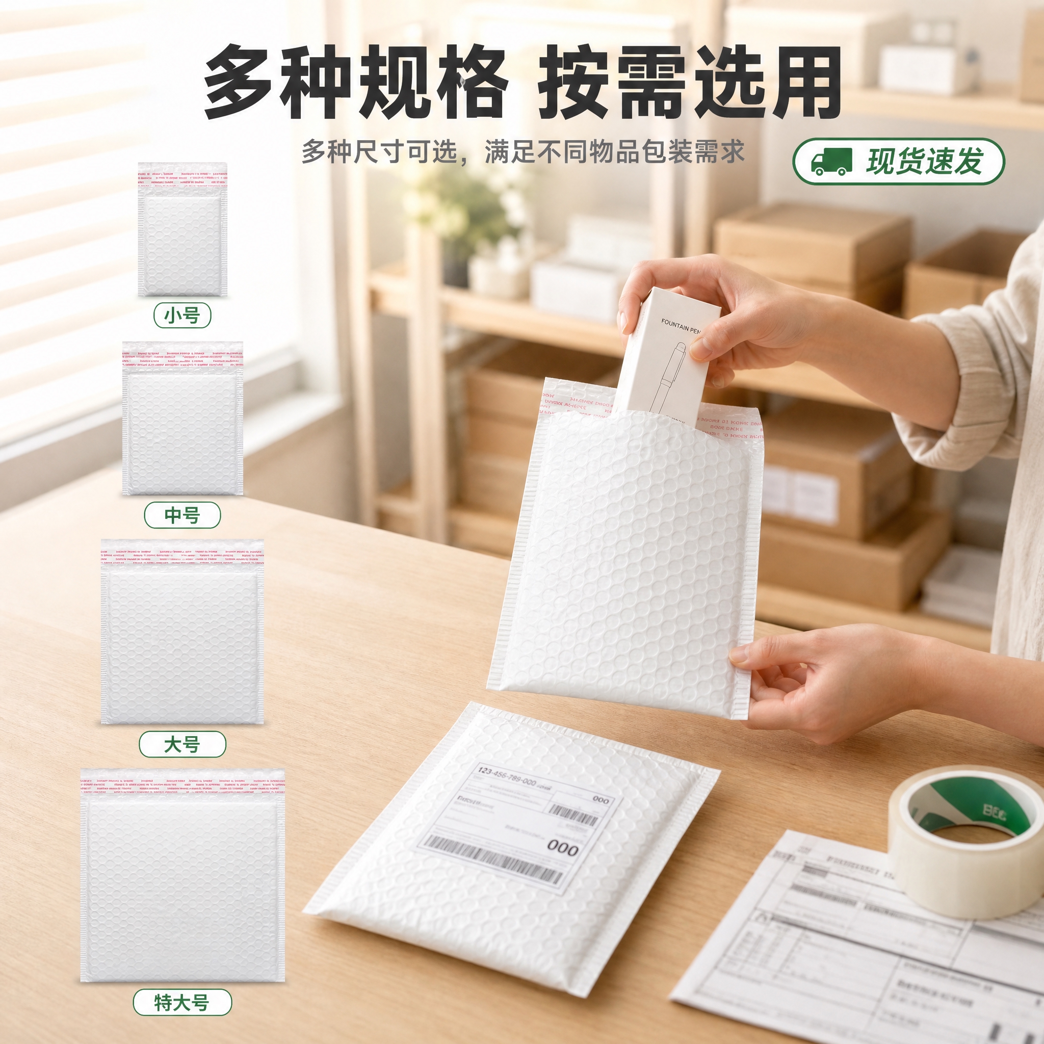 [主图-4] 多规格与使用场景，展示气泡袋多种尺寸规格和实际打… - 图片创意预览