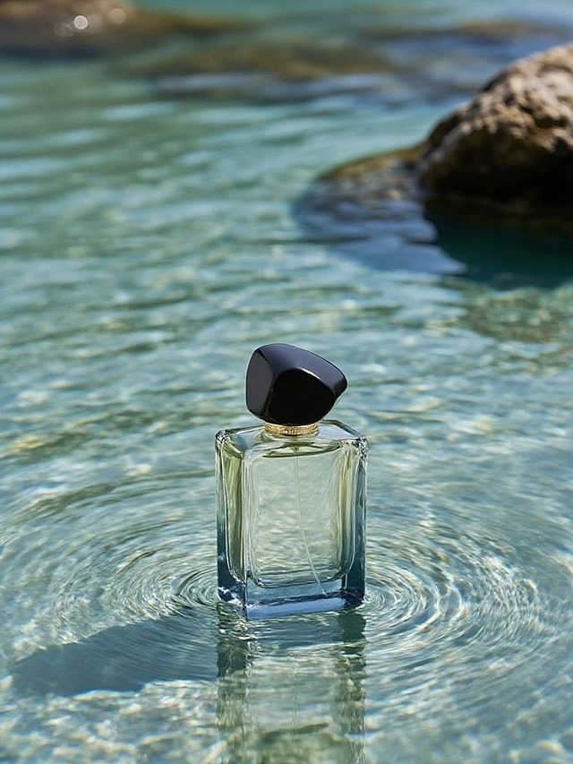 抠出主体，保留主体形状、颜色。特写，把主体置于清澈水面，周围有岩石，水面带波纹和光影反射。