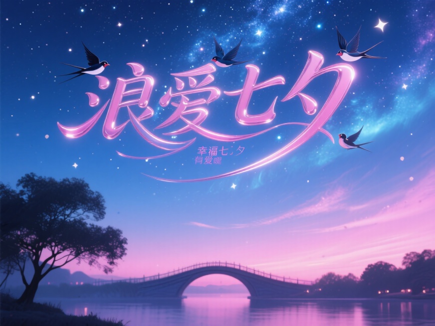 上下文字"浪漫七夕"，整体画面呈现浪漫氛围感，线条流畅，适合幸福有爱的话题的艺术字体线条，星空，星云，树影，浪漫元素。有远景和近景，创意字体设计点缀有喜鹊鹊桥、星空里面有很多星星。夜空星空，浪漫七夕氛预览效果