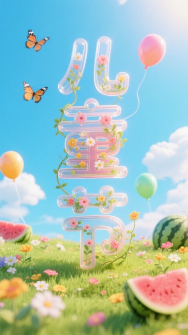 中央是字体设计“儿童节”，立体透明大字，字体内部填充鲜花和少量藤蔓，蓝天白云背景，蝴蝶，气球，底部是草地和鲜花、西瓜，近景虚焦预览效果
