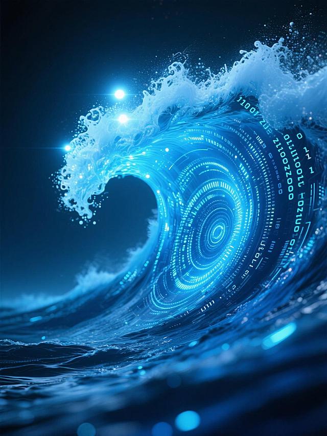 一张具有强烈科技感的海报，画面主体是一个充满未来感的蓝色巨浪，海浪内部由无数发光的二进制代码和数据流构成，形成螺旋状的数字纹理，浪花顶端有明亮的高光和闪烁的光点，整体色调以深邃的蓝和亮蓝为主，光影层次分明，营造出神秘而震撼的数字海洋氛围，视觉层级清晰，核心视觉元素突出，能在短时间内传达出科技与力量的融合感，设计风格偏向赛博朋克与未来主义的结合，具有高度的视觉冲击力和信息传达效率。