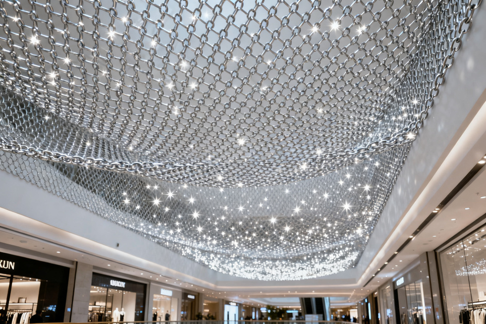High-end shopping mall ceiling decoration, silver stainless steel chain link decorative mesh used as预览效果