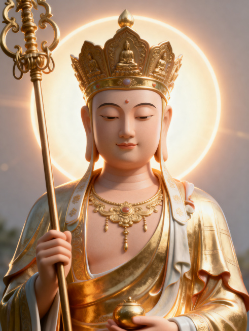 藏传佛教地藏王菩萨神像，人性化形象，质感温柔，佛像周身环绕明显柔和光晕，佛光普照，禅意氛围，3D国风渲染预览效果