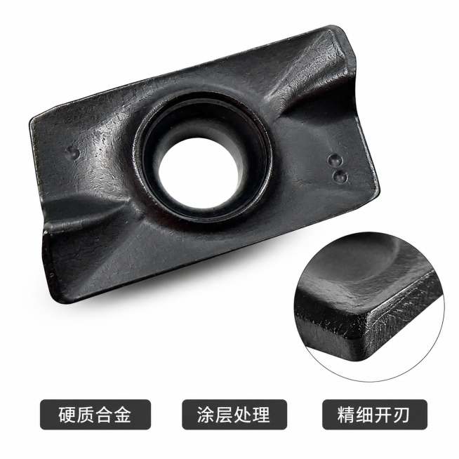 [主图-3] 数控刀片材质工艺细节展示图
[氛围风格] 简洁专业工业电商风
[画质] 商业摄影质感、光线均匀通透、产品轮廓清晰、画面干净高级
[元素] 中心区域放大展示刀片表面细节，右下角添加局部放大预览效果
