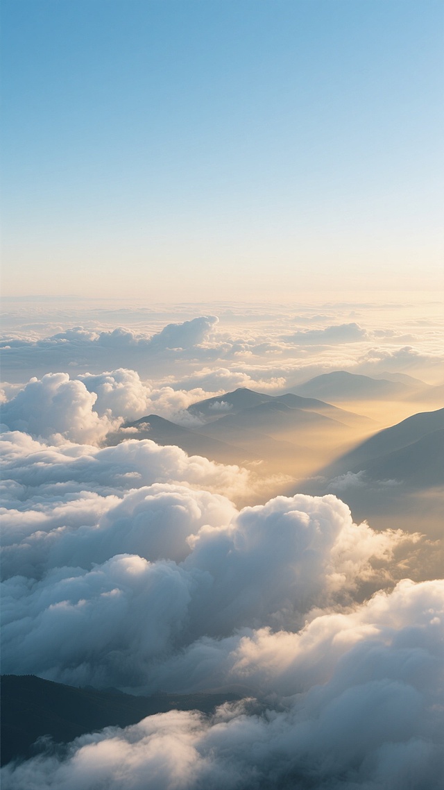 高空俯拍视角，连绵云海似白色浪涛延绵，形态多样云团，部分如蓬松棉絮，部分似起伏山峦，清晨/傍晚柔和光线穿云隙成金色光束，云边泛暖光，天空湛蓝渐变浅蓝，纯净简洁背景，尽显自然壮阔宁静。