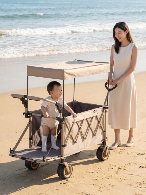 基于参考图中的遛娃车，严格保留产品原有形状、零件结构和配件细节，不做任何修改变形，只优化光线、背景和清晰度。远景俯拍视角，遛娃车占据画面视觉中心，车高达到人物胯部高度，完整展示推车整体结构，同时展现推预览效果
