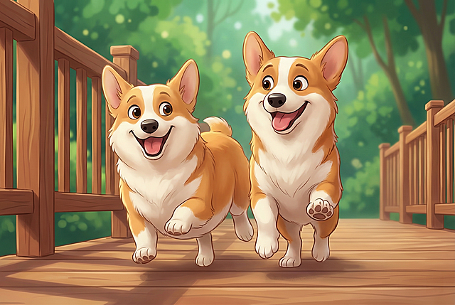 将图片中的两只柯基转换为迪士尼卡通风格，保留它们奔跑的动作和开心的表情，整体风格为迪士尼动画插画，圆润可爱，色彩明亮柔和