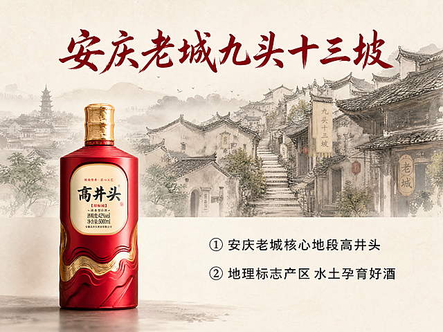 [第2屏] 核心产地介绍专屏，高井头白酒安庆地理优势展示。
[氛围/风格] 地域文化写实风，淡雅水墨结合实景，商业摄影质感，文化底蕴浓厚。
[元素布局] 画面上半部分放安徽安庆九头十三坡古城街巷水墨写意画，下半部分左侧放置完整白酒产品，保持与输入产品图一致，右侧分点介绍产地文化。背景延续全局浅米底色，元素层次分明，产品占比约30%不抢信息。
[光影质感] 整体均匀柔光，产品清晰突出，水墨背景自然柔和，无死黑和过曝。
[配色色系] 全局底色：#F8F5F0；产品红金配色，文字深红#8B0000、黑#333333，延续上屏字体和配色方案。
[视角构图] 横向分屏构图，上图下文+左产品右文字，阅读动线清晰。
[文字版式] 顶部主标题「安庆老城九头十三坡」，深红色书法字体居中。左下方产品，右侧正文分两点介绍：「① 安庆老城核心地段高井头」「② 地理标志产区 水土孕育好酒」，黑色无衬线字体清晰分段，左对齐。字形字色字效延续首屏设定。
[比例分辨率] 2048x1500像素，4K分辨率，文字清晰可辨，超高清。
[负向提示词] 产品变形，文字错乱，颜色偏差，水印，背景杂乱，绝对化用语。