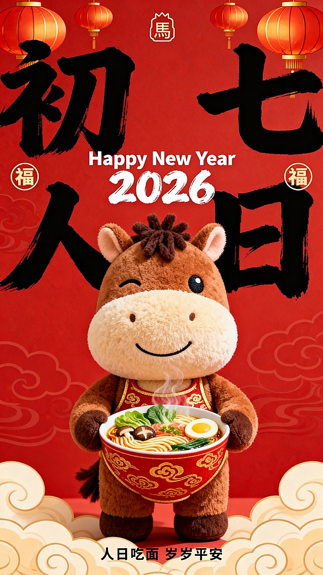 纯正面小马，Q 版棕褐配色的拟人毛绒小马公仔（腹部是浅米色毛绒，单眼眯起微笑，鬃毛为深棕短绒质感，圆鼓鼓的肚子），站立，身着红金祥云纹肚兜，双手托着一碗热气腾腾的七彩长寿面（面条飘着青菜、鸡蛋、香菇等吉祥食材）。红色背景，搭配红 / 金配色灯笼与祥云纹样；小马公仔位于画面中下部核心区域；画面上部排布大号黑色毛笔大字 “初七 人日”（笔触清晰），中间叠印白色体小字 “Happy New Year 2026”，背景文字两侧点缀圆形 “福” 字标识，画面顶部有小型 “馬” 字图形标识，底部有黑色很小的字 “人日吃面 岁岁平安”（2026 为毛笔字体）。