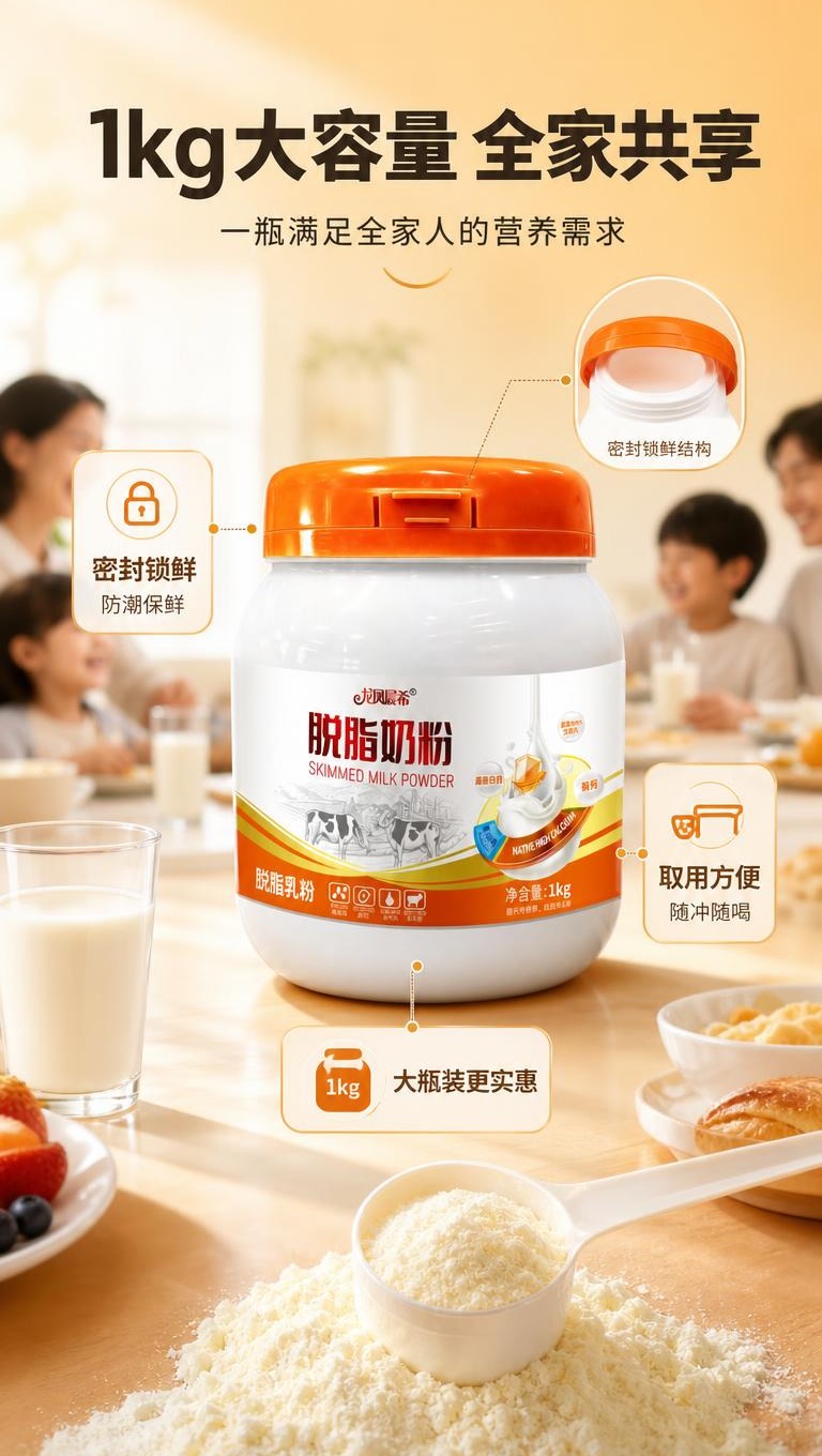 [商品] 使用【图1】龙凤晨希脱脂奶粉1kg瓶装；保留全部瓶身… - 图片创意预览
