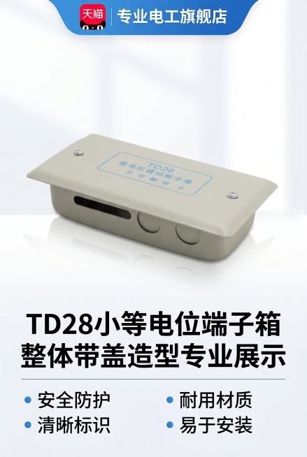 TD28小等电位端子箱整体外观展示淘宝详情页图片，清晰展示产品带盖整体造型，专业电商详情页风格，尺寸800*1200，适配淘宝天猫平台预览效果