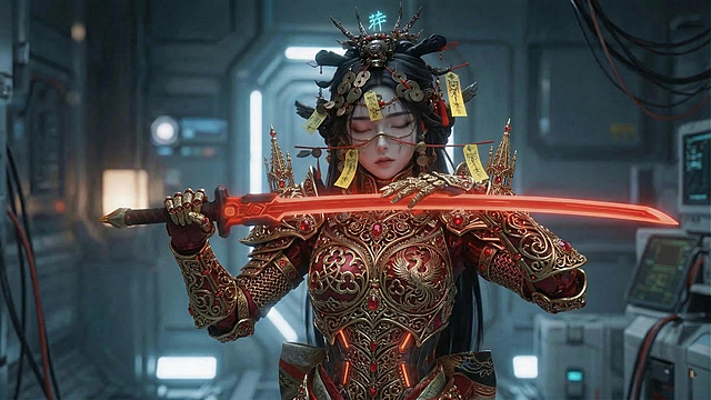 将人物身上的机甲变成复杂的哥特式华丽机甲，花纹繁琐，红金色。