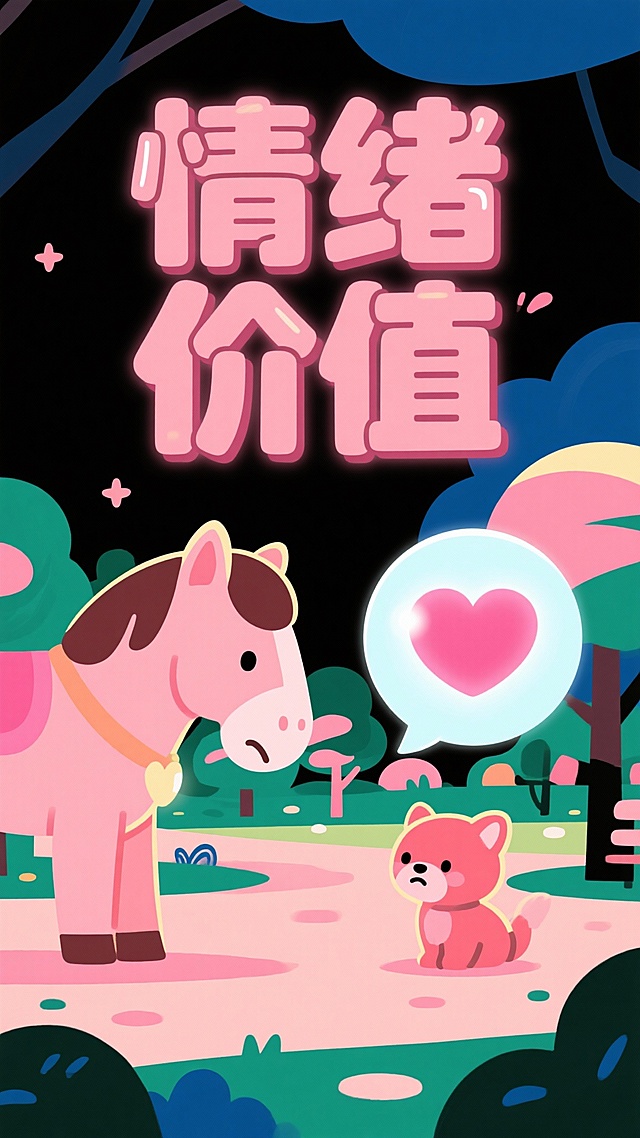 现代平面设计风格温馨海报，一只动画马关切地轻拍垂头丧气的小动物朋友，从马的心口位置发射出几个由发光艺术字体“情绪价值”组成的心形或气泡，飘向朋友。场景在公园，色调柔和粉嫩（粉蓝、粉绿），字体圆润柔和，散发微光，营造可视化治愈能量的传递感。构图聚焦于互动与文字气泡。 --no childish, flat illustration, pure text