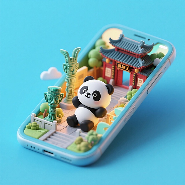 一个手机创意微缩场景，手机平放，侧面对着观众，手机俯视角度，立体的成都景观从屏幕内出来，有熊猫，三星堆，武侯祠，整体色调立体魔幻。青色背景。具有梦幻感,打光营造出柔和氛围强调梦幻和未来感的美学。