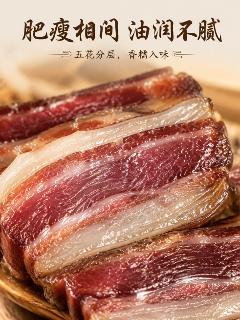[第5屏] 质地特写-腊五花肉纹理与质感展示。本屏使用【图1】作为商品主体参考。
[氛围/风格] 微距美食摄影，油润诱人，突出食欲质感。
[元素布局] 画面主体是切开的腊五花肉特写，肥瘦相间的分层纹理预览效果