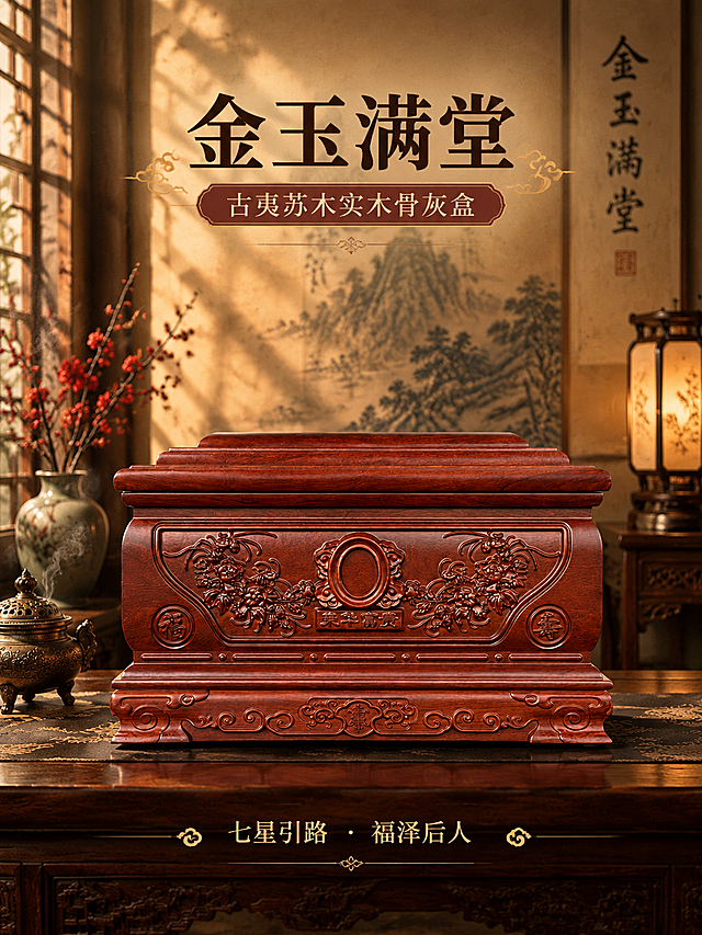 [商品] 使用【图1】金玉满堂古夷苏木骨灰盒正面图；保留正面完整造型、花卉祥云浮雕、福寿圆形印章、底部卷草纹雕刻、天地盖分层结构、红棕木色与天然木纹；商品处理：增强雕刻立体感与木纹质感，使产品更显庄重典雅，不改变结构与比例。
[画面] 首屏主视觉海报，产品正面居中放置，占画面约55%，置于深色中式木桌中央；左侧古铜香炉飘轻烟，红梅瓷瓶点缀；右侧中式宫灯散发暖光；后方山水挂画与书法条幅，窗棂光影斜照；整体东方传统美学氛围，前中后景层次丰富，庄重大气。
[视觉] 套系策略：风格=东方传统美学商业摄影；标题字=宋体衬线粗体（庄重典雅）；正文字=简洁宋体；主色=古夷苏木红棕木色；背景延展=基于红棕木色做深浅层级、暖棕渐变、宣纸/木纹质感；强调色=暗金色，仅用于小面积图标、引线、装饰线条；标题色=深棕近黑；正文色=中暖棕；组件=圆角木色信息卡、细金线引线、传统纹样分隔；光影=左前侧暖柔光，侧逆光勾勒轮廓，整体暖调庄重。
[文字] 画面上方主标题"金玉满堂"，副标题"古夷苏木实木骨灰盒"；下方"七星引路 · 福泽后人"；所有文字横排，居中对称布局，字号大气，不遮挡产品主体雕刻。
[规格] 图片比例3:4竖版，4K分辨率，负向提示：避免变形、错字、文字过小、冷蓝/冷灰背景、产品颜色改变、现代元素、卡通风格。