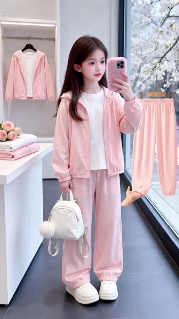 用图1的纯棉短袖和连帽外套以及裤子替换图的2的人物穿的衣服裤子和旁边桌子上折叠的衣服以及后方衣架上挂着的衣服，保留原场景光影，保持图2的人物的五官和发饰不变，姿势不变，背景不变，图片宽高尺寸不变，预览效果