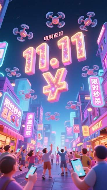 电商双 11 主视觉海报，赛博朋克风格，巨大发光的 “11.11” 字样悬浮在城市上空，无人机阵列组成折扣符号，街道两侧店铺屏幕显示 “限时秒杀”“满减狂欢”，人群手持手机抢购，霓虹光效充斥画面，高饱预览效果