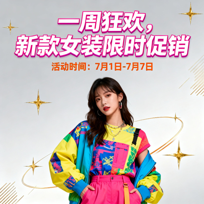 年轻女性服装促销海报，为期一周促销活动，风格时尚活力，画面突出新款服饰，搭配醒目促销文字，吸引年轻女性顾客，提升关注度。包含主文案"一周狂欢，新款女装限时促销"预览效果