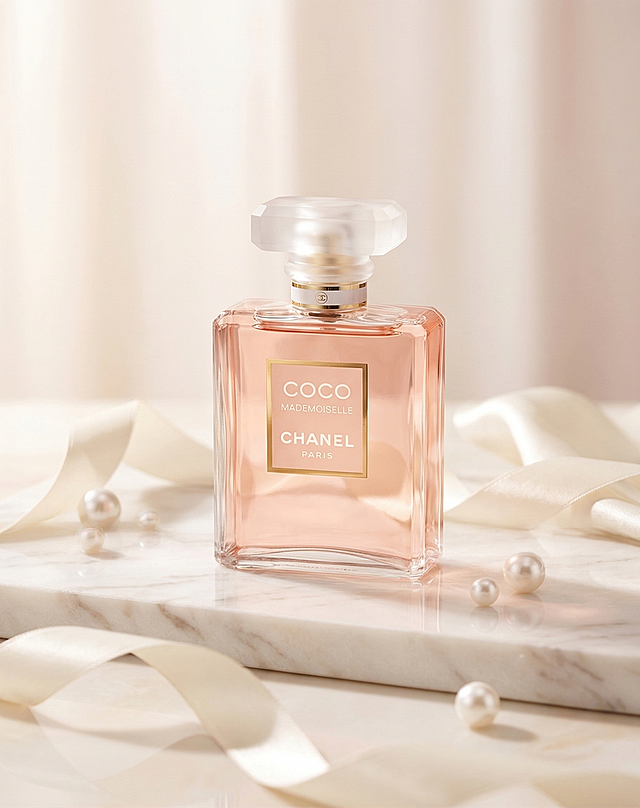 一张轻奢优雅风香奈儿COCO香水产品场景图，主体是香奈儿COCO MADEMOISELLE香水，保持瓶身原样、文字和Logo不变，保持瓶身结构不变、液体质感通透。将香水放置在米白色大理石台面上，周围点缀白色丝带、几颗珍珠，背景是柔焦的米白+浅粉渐变纯色。光线采用商业高调摄影，全屋漫射柔光从侧面照射，瓶身有晶莹剔透的高光，桌面有极淡的倒影。画面整体温馨治愈，有高级感、氛围感，构图采用黄金分割点构图，有前中后景层次。