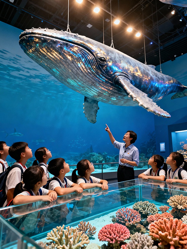 生成北京自然博物馆学生听讲解的画面，10张