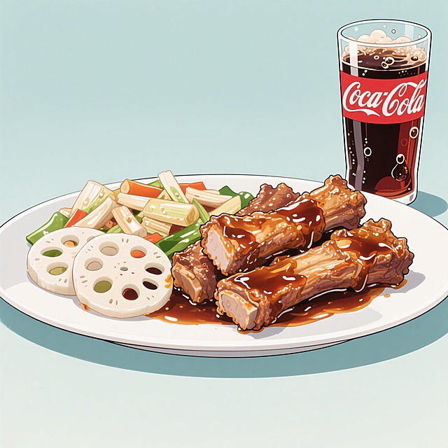 糖醋排骨、素炒藕片和一杯可乐，食物色泽鲜亮，糖醋排骨表面裹着晶莹的酱汁，素炒藕片洁白脆嫩，可乐冒着细密气泡，画面干净整洁，精致且极具食欲，只显示食物，无其他背景元素