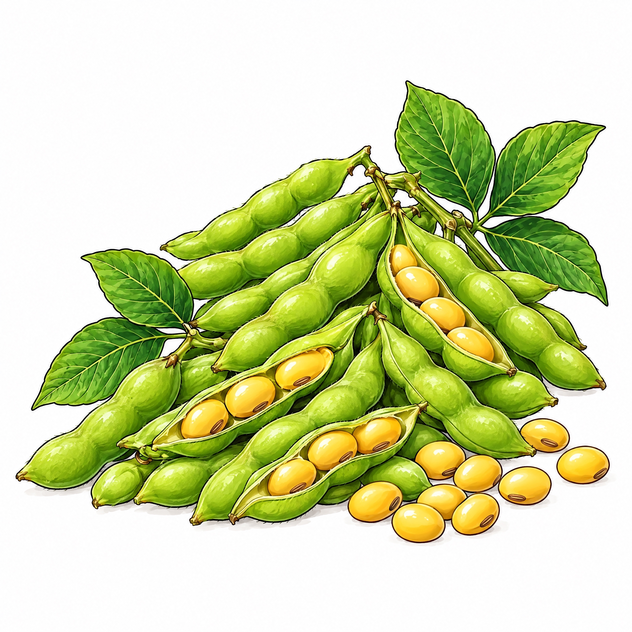 生成与参考图风格一致的黄豆豆荚插画，清晰细腻的国风插画风格，线… - 图片创意预览