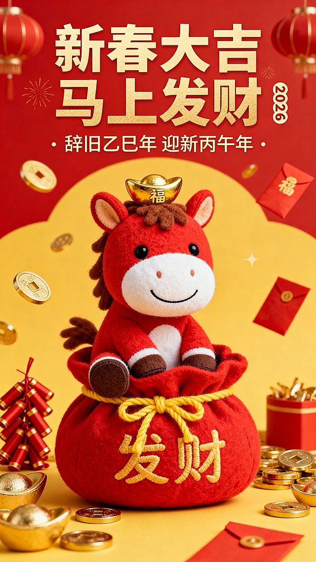 国潮风软3D卡通马坐于刺绣“发财”钱袋，毛发生长质感萌趣十足，红金配色喜庆满满，象征2026丙午年新春大吉、马上发财。