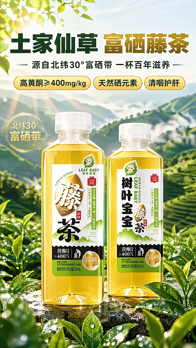 [商品] 使用【图1】树叶宝宝藤茶原味500mL瓶装饮料；保留透明方瓶、金黄色茶汤、白色瓶盖、瓶身标签全部文字（树叶宝宝、LEAF BABY、藤茶、原味、黄酮≥400mg/kg、富硒、富含黄酮杨梅素硒17种氨基酸14种微量元素无咖啡因、植物饮料净含量500mL等）、绿叶宝宝Logo、扫码奖励标识；商品处理：清晰化瓶身标签文字，增强茶汤通透质感，保持瓶身比例与颜色不变。
[画面] 目标为拼多多风格详情页头图，突出产品全貌与核心卖点，上文下图构图，产品占画面约60%居中偏下，两瓶并排展示略错开形成层次；前景有新鲜藤茶茶叶与水珠点缀，中景产品主体，背景为虚化的北纬30°富硒山地茶园风光，远山云雾缭绕，阳光穿透树叶形成丁达尔效应；≥3层视觉层次，阅读动线从上到下。
[视觉] 套系策略：风格=国内电商食品饮料商业摄影+拼多多大字报氛围；标题字=粗黑体大字，厚重有力；正文字=简洁黑体，清晰易读；主色=森林绿+金黄茶汤色；背景延展=基于森林绿做深浅渐变、云雾山林质感、同色系层次；强调色=金黄色，仅用于小面积标签、图标、高亮数字；标题色=深森林绿+金黄渐变字效；正文色=深墨绿；组件=圆角绿色信息卡、金黄胶囊标签、细线引线；光影=左前侧自然光，柔和明亮，瓶身有自然高光。
[文字] 顶部大主标题"土家仙草 富硒藤茶"，副标题"源自北纬30°富硒带 一杯百年滋养"，下方3个金黄胶囊卖点标签："高黄酮≥400mg/kg"、"天然硒元素"、"清咽护肝"；文字全部横排，字号大适合手机阅读，不遮挡瓶身主标签与Logo。
[规格] 图片比例9:16竖版，分辨率4K，负向提示：避免瓶身变形、标签文字错乱、冷蓝色调、文字过小、竖排文字、极限词、医疗化夸张承诺、拼多多平台Logo水印。