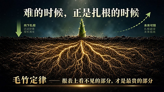 PPT横版商务励志风格图片，主题为"难的时候，正是扎根的时候"。画面主体是毛竹生长的意象：地面上只能看到一小截嫩绿的竹笋，矮小不起眼；地面以下是极其发达茂密的根系，向四面八方深深延伸，盘根错节，占据了画面大部分空间，象征报表上看不见的积累。地面上方配大字"难的时候，正是扎根的时候"，地面下方配大字"毛竹定律——报表上看不见的部分，才是最贵的部分"。画面左侧有一个向下扎根的箭头，右侧有一个未来向上生长的虚线箭头，预示未来的爆发。整体色调为深绿与深蓝搭配，根系部分用金色光线勾勒，突出其珍贵。背景为深色渐变，有土壤颗粒和微光效果，商务大气有深度，适合PPT演示使用，无二维码占位。
