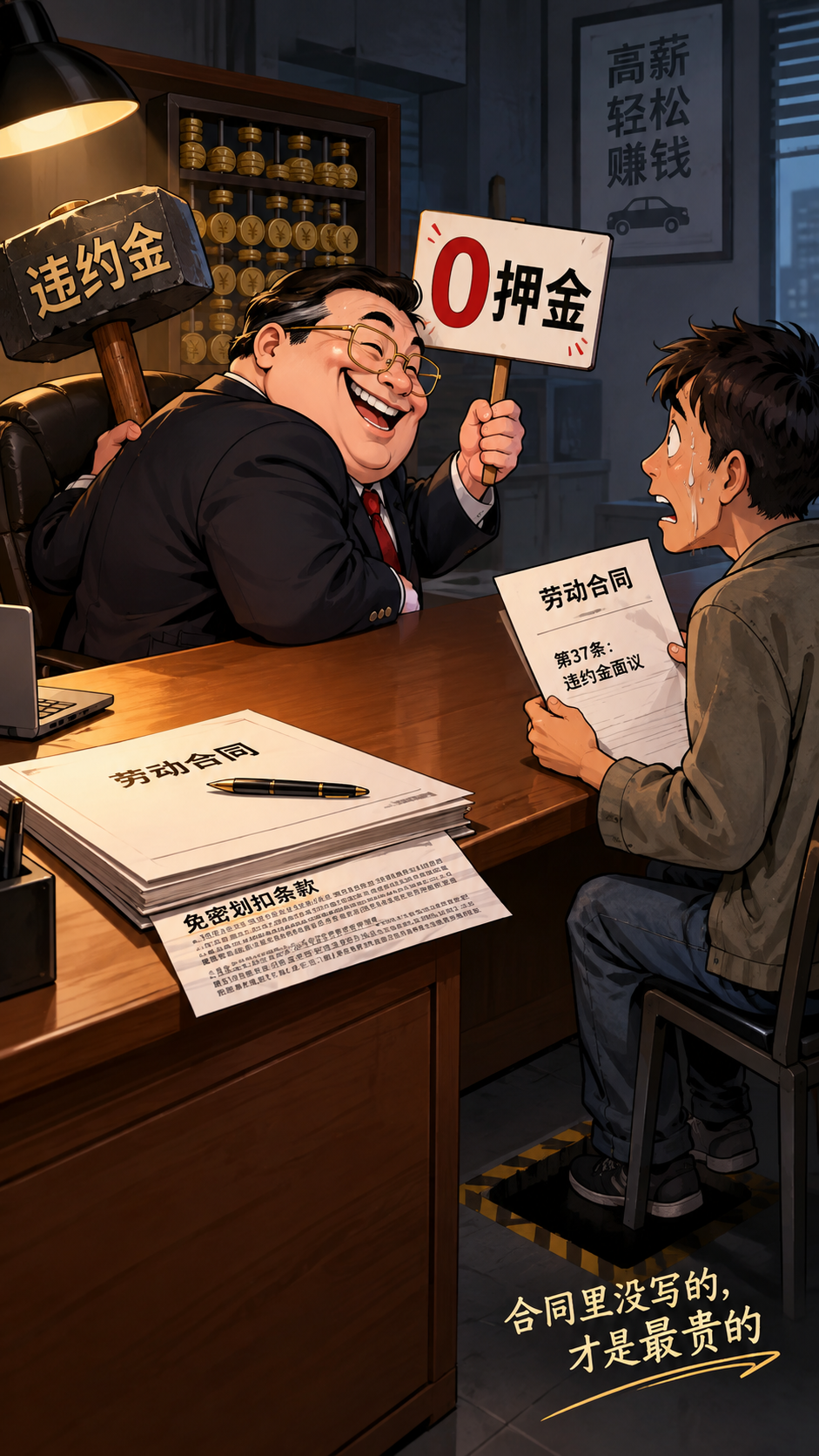 竖版9:16微头条配图，卡通化插画风格。场景：一间昏暗的'面试… - 图片创意预览