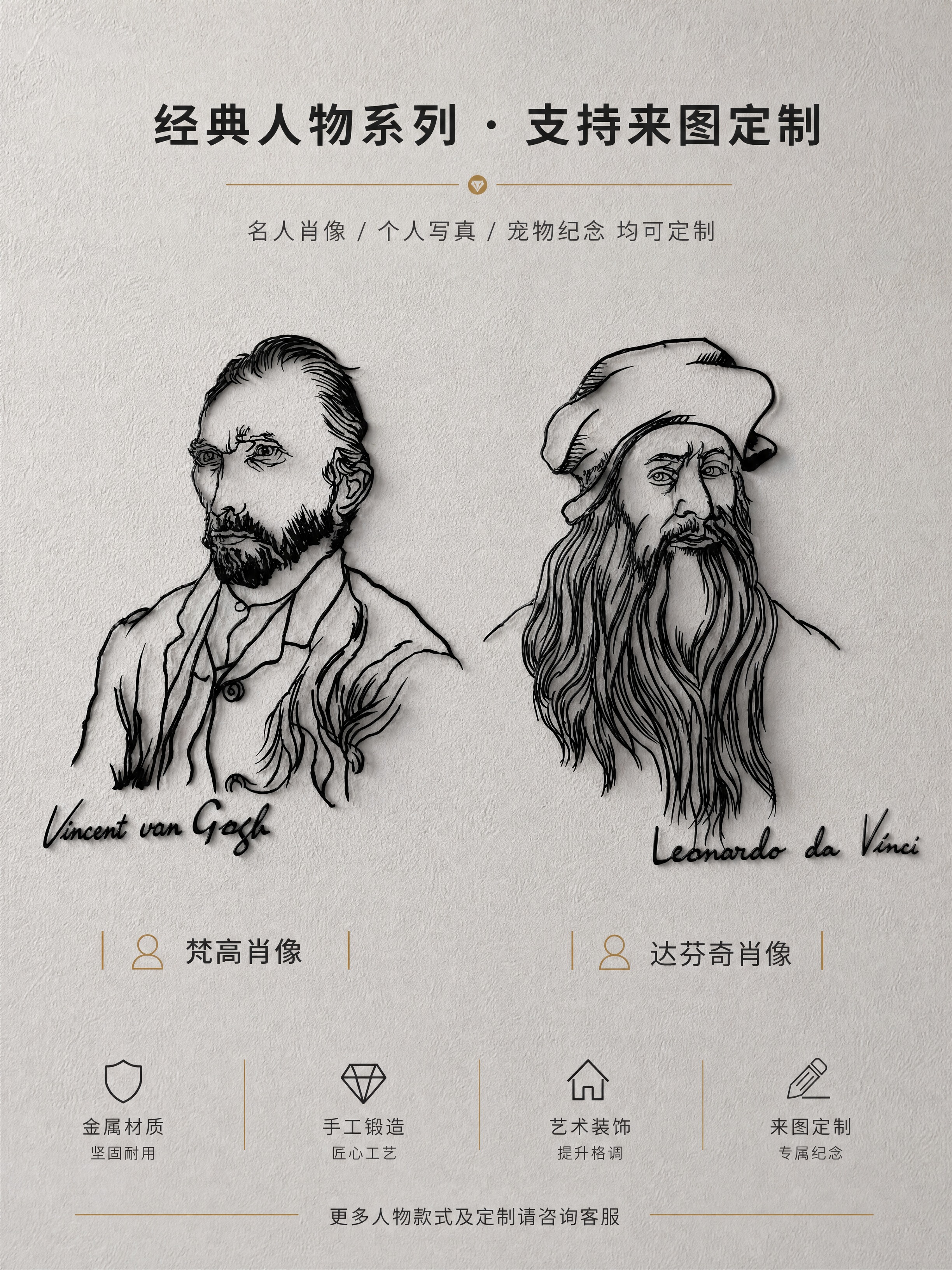 [商品] 使用【图1】梵高肖像铁艺铁画和【图2】达芬奇肖像铁艺… - 图片创意预览