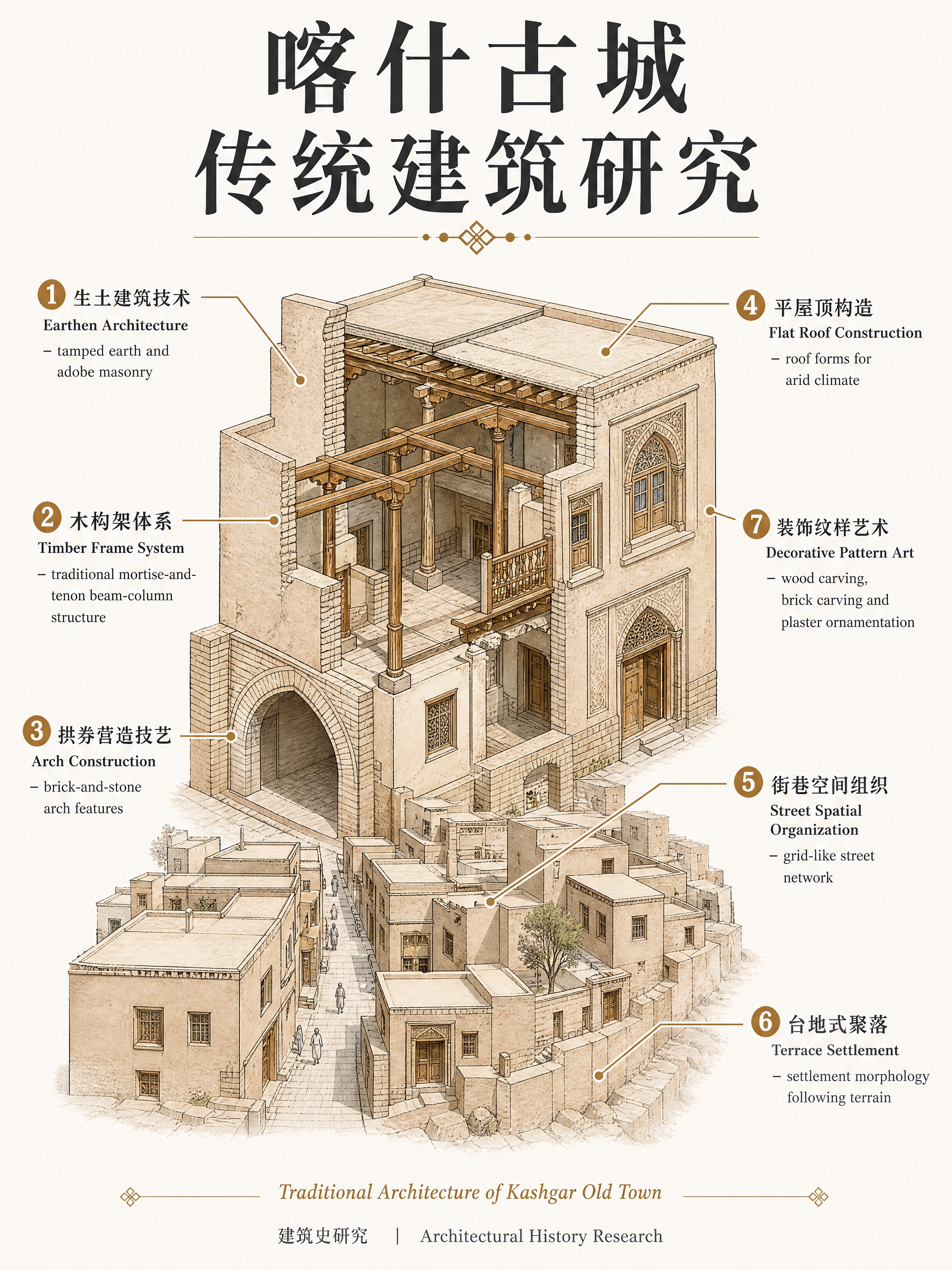 学术期刊风格信息图，3:4竖版，喀什古城传统建筑研究主题。画面… - 图片创意预览