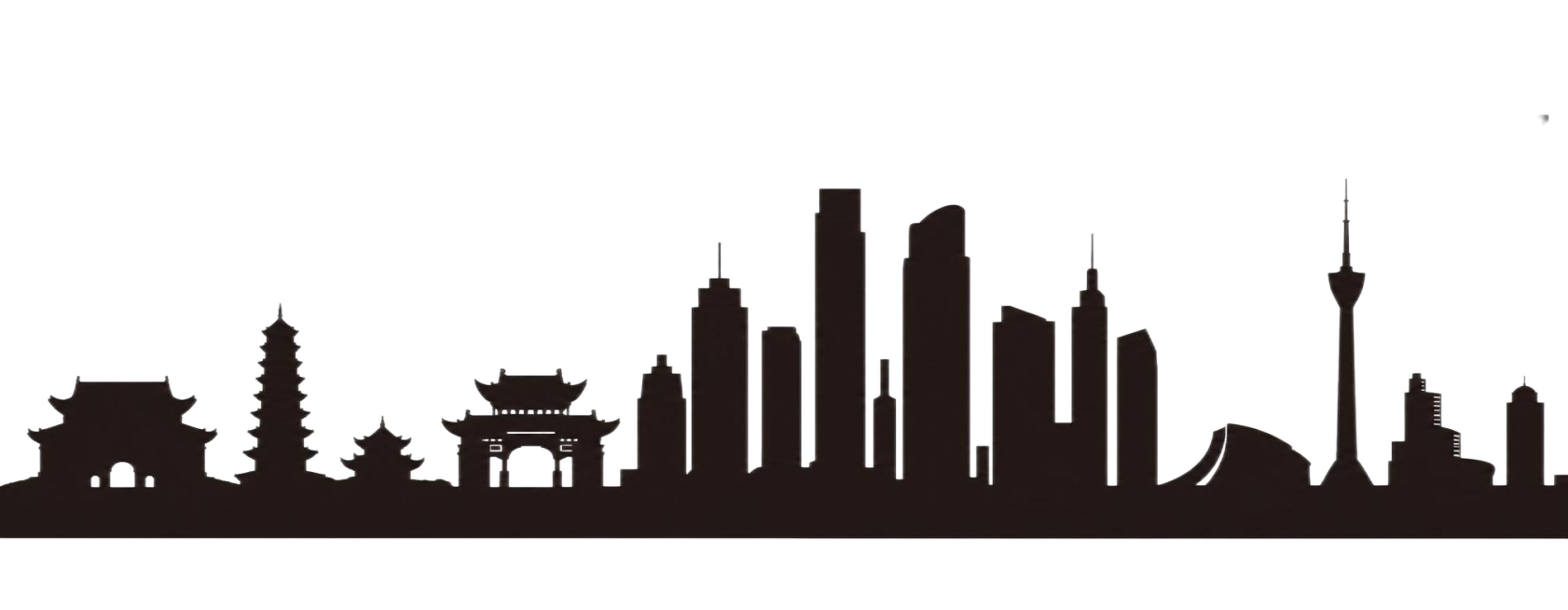 参考上传图片的风格，生成昆明城市建筑剪影图，黑色纯色剪影，横向排版，右侧标注文字"昆明"预览效果
