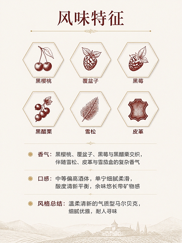 [第3张] 风味特征——香贝阿丽干红感官板块。本张使用【图6】风味描述作为文字参考。
[氛围/风格] 优雅精致，感官体验风，六边形图标设计，红酒品类调性。
[元素布局] 上半部分为6个六边形风味图标，2行3列排列，每个六边形内有对应风味的简约线稿图标，图标下方标注香气名称；下半部分为三段式文字描述区；整体居中对称布局。
[光影质感] 均匀柔光，图标精致有质感，文字清晰。
[配色色系] 全局底色米白#F5F0E8；主色深酒红#5C1A1A、暖金#B8943E；六边形边框金色，内部浅米色底。
[视角构图] 正面平视，居中对称，阅读动线从上到下。
[文字版式] 顶部居中标题「风味特征」深酒红色衬线字体，下方细金色横线；6个六边形图标分别标注：黑樱桃、覆盆子、黑莓、黑醋栗、雪松、皮革；下方文字区三行：「香气：黑樱桃、覆盆子、黑莓与黑醋栗交织，伴随雪松、皮革与雪茄盒的复杂香气」、「口感：中等偏高酒体，单宁细腻柔滑，酸度清新平衡，余味悠长带矿物感」、「风格总结：温柔清新的气质型马尔贝克，细腻优雅，耐人寻味」；每行前有小金色圆点装饰。
[比例分辨率] 3:4竖版比例，750px宽，4K分辨率，文字清晰可辨，高清画质。
[负向提示词] 图标模糊，文字错乱，颜色偏差，水印，排版拥挤。