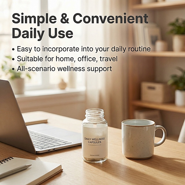 [Image 4: Daily Use & Scenario Compatibility]
[Main theme] Easy Daily Use, All Scenario Compatible
[Atmosphere/Style] Warm off-white toned daily life scene, natural and comfortable
[Screen elements] Show the product bottle placed on an office desk, with a cup of water next to it, reflecting a daily office usage scenario, soft natural light, warm and relaxing atmosphere, product clearly visible
[Color scheme] Warm off-white background, warm natural light colors, dark gray text against the background
[Perspective composition] Natural perspective, product focus clear
[Text layout] Main title "Simple & Convenient Daily Use" at top left, bold sans-serif. Bullet points text "Easy to incorporate into your daily routine", "Suitable for home, office, travel", "All-scenario wellness support". All text in English, reasonably placed without blocking product, maintain sense of hierarchy
[Resolution] 2k resolution