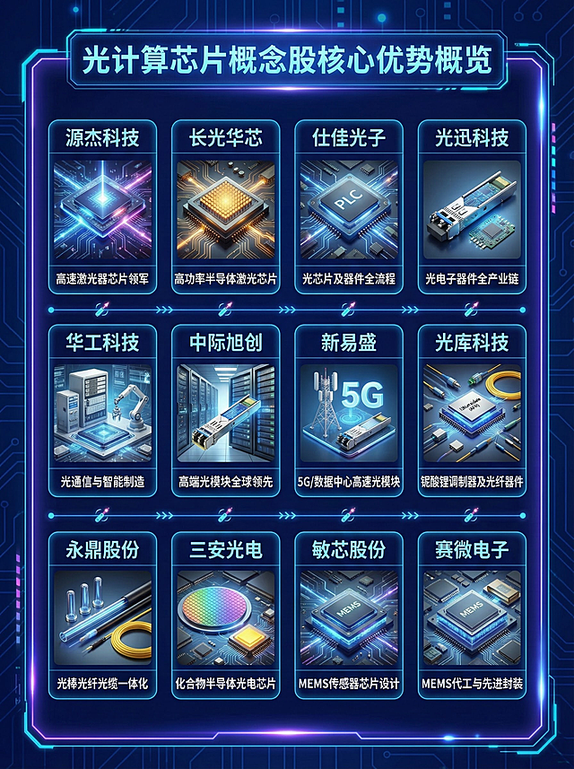 光计算芯片概念股
源杰科技：高速光芯片 IDM 龙头，100G/200G EML 芯片突破海外垄断，25G DFB 全球市占率超 15%，切入英伟达 GB200 供应链。
长光华芯：IDM 模式稀缺标的，100G EML 量产、200G EML 送样，100G VCSEL 与高功率激光器量产出货，良率 92%。
仕佳光子：PLC 分路器芯片全球龙头（份额超 30%），AWG 芯片批量供货谷歌。
光迅科技：全产业链标杆，国内唯一高端光芯片自产企业，覆盖 DFB/EML/VCSEL，量子通信光模块市占率超 60%。
华工科技：磷化铟光芯片量产，800G 硅光芯片产能利用率超 95%，单波 200G 硅光适配 1.6T 光模块。
中际旭创：光模块龙头，子公司苏州湃自研硅光芯片，800G 硅光模块市占率领先，绑定英伟达等 AI 巨头。
新易盛：硅光芯片良率突破 85%，体量大、对上游芯片掌控力强，适配高速光模块需求。光库科技：全球唯二、中国唯一量产 800Gbps 以上 TFLN 调制器企业，插损 <3dB、带宽> 100GHz，供货英伟达、思科。
永鼎股份：子公司鼎芯光电全链条自主可控，10G EML、25G DFB 光芯片批量出货，车规级光芯片新势力。
三安光电：化合物半导体巨头，外延片生长能力强，为光芯片设计公司提供代工与材料。敏芯股份：国内首家独立全系列光芯片供应商，覆盖2.5G-50G全系列激光器和探测器光芯片。
赛微电子：通过瑞典Silex产线为全球厂商提供硅光子芯片晶圆制造服务。