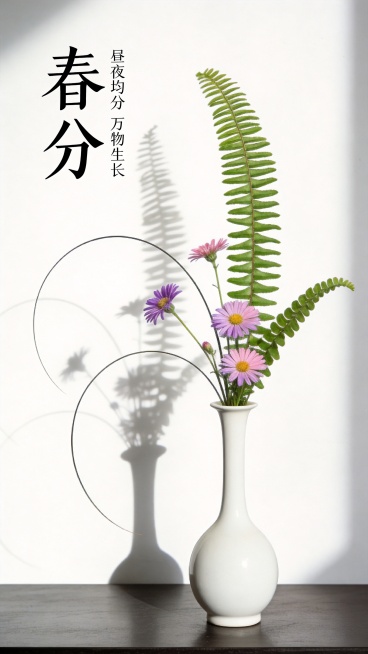春分日签，日式瓶花，白釉高脚瓶插着紫粉初绽小雏菊，搭配如风中痕迹的曲蕨，弧线构图，纯白背景，晨光斜落，花影疏淡，画面清新雅致预览效果
