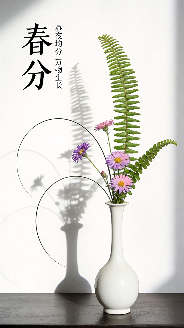 清新淡雅的春分主题海报，以简约主义与轻拟物风呈现。白瓷瓶中插着紫粉小花与蕨叶，光影交错，营造出唯美的中式意境，大字“春分”点题，呼应昼夜均分的自然之美。