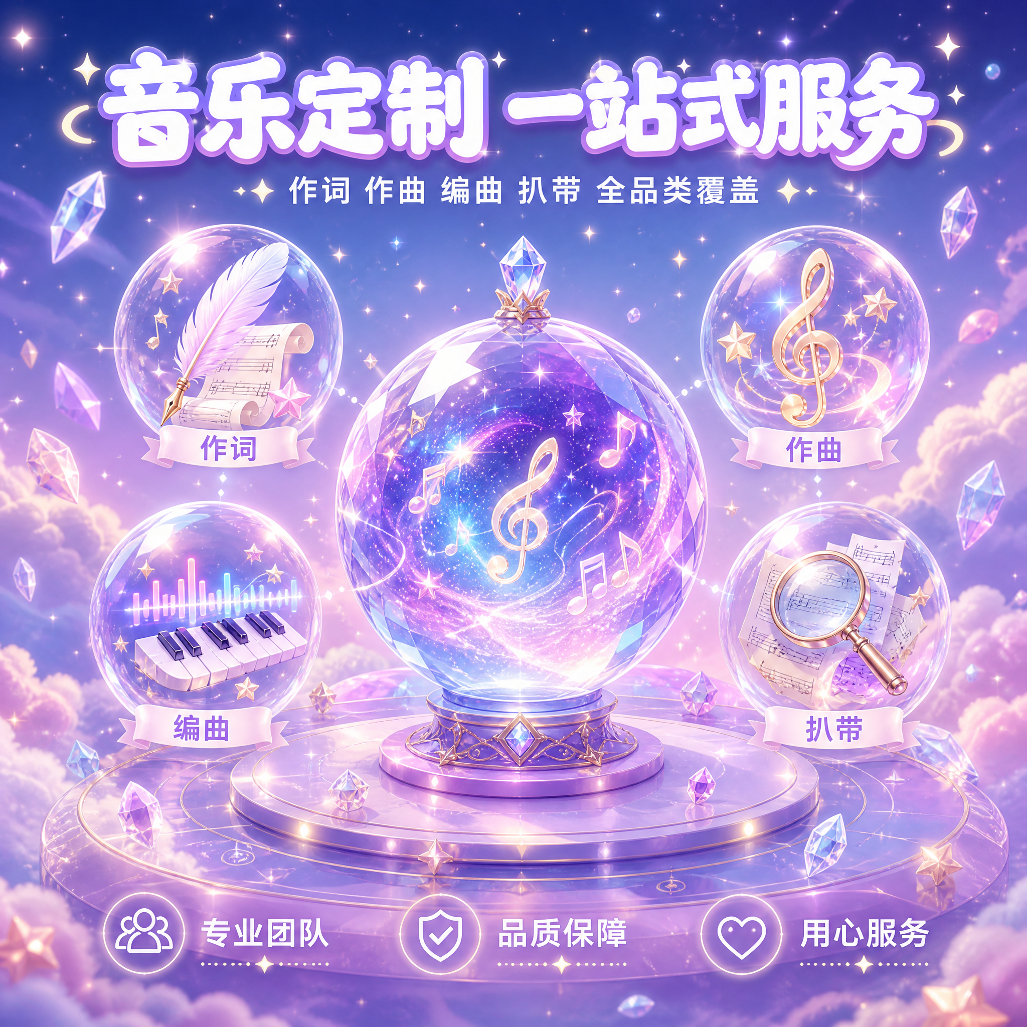 [主图-1] 音乐定制服务主题首图，核心展示作词作曲编曲扒带四… - 图片创意预览