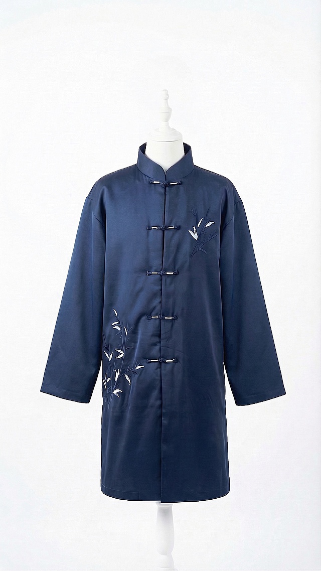 完全去除服装上所有褶皱，让面料饱满挺括，中间衣襟流畅对称，保持服装刺绣、颜色和款式不变，背景保留纯白色无影墙