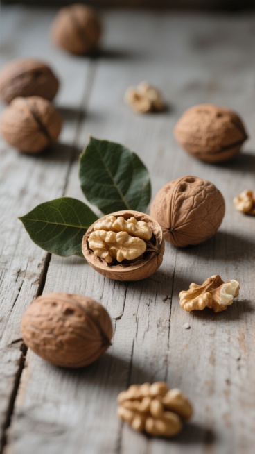 高清写实摄影风格，以核桃为核心元素的背景画面，浅棕色带深褐色纹理的完整核桃与部分散落的核桃，一个打开的核桃露出浅黄褐色的核桃仁，搭配几片深绿色带有清晰叶脉的核桃叶，背景为浅灰色木质桌面，整体色调温暖自然，光线柔和从左上方照射形成轻微阴影，营造出质朴、原生态的氛围，核桃表面纹理细节清晰，木质桌面有自然的木纹和细微划痕，构图饱满，核桃分布错落有致，突出核桃的自然质感与原生态美感。预览效果